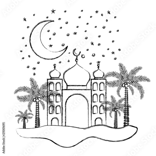 arabic castle with moon in the night scene vector illustration design