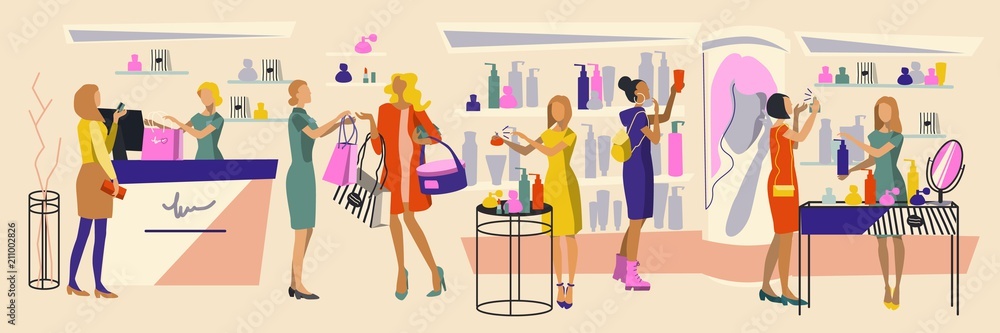 Shopping people. Interior of a perfumed store. Women buy cosmetics. Seller-consultant helps to choose a perfume. Illustration in flat style.