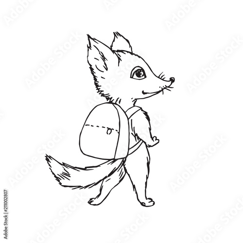 Fox with school bag on shoulders, hand drawn doodle, sketch, vector outline illustration