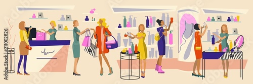 Shopping people. Interior of a perfumed store. Women buy cosmetics. Seller-consultant helps to choose a perfume. Illustration in flat style.