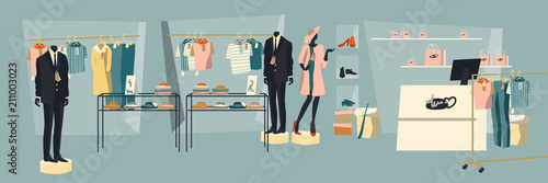 Shopping people. Interior of a clothing store with mannequins and shop windows. Illustration in flat style.