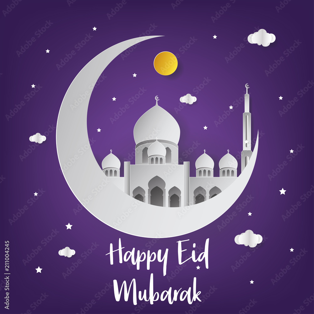 Naklejka premium Happy Eid Mubarak Background with Half Moon and Mosque vector Illustration. Happy Eid Mubarak Greeting Card. Paper Art and Craft Style. Mosque Vector Illustration. Mosque. Islamic Background.