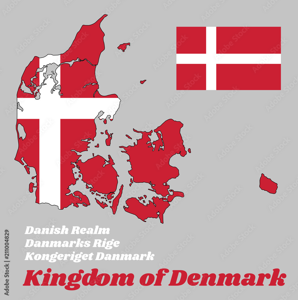 Map outline and flag of Denmark, it is red with a white Scandinavian cross  that extends