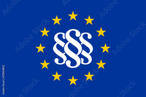 Flagge der EU mit drei Paragraphenzeichen, Gesetzeszeichen.