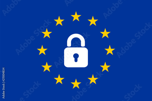 The flag of the EU with a padlock icon.