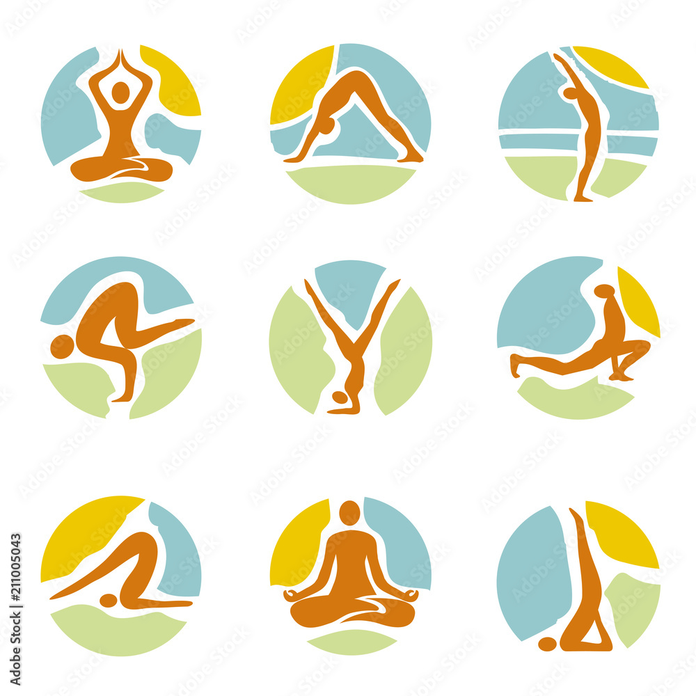 Yoga icons on round colorful background.
Yoga symbols set on round colorful background that symbolizes the landscape and the sun. Modern symbols for infographics or web use. Vector available. Yoga icons on round colorful background.
Yoga symbols set on round colorful background that symbolizes the landscape and the sun. Modern symbols for infographics or web use. Vector available.