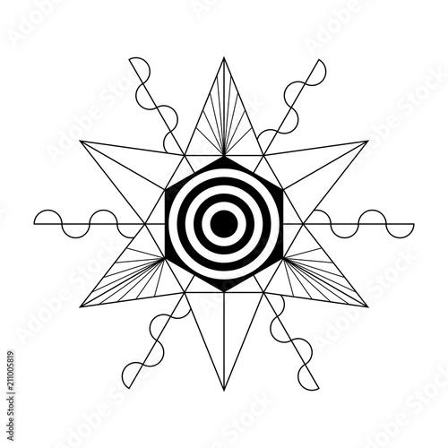 Vector black and white stencil; Alien crop circle; Sacred geometry.