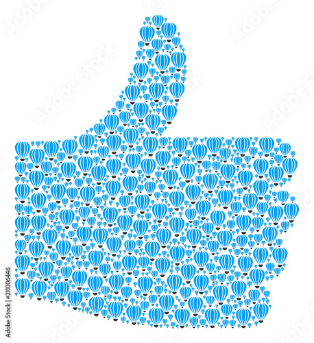 Validate mosaic composed from aerostat pictograms in different sizes. Abstract vector thumb finger up illustration. Aerostat icons are united into success figure.