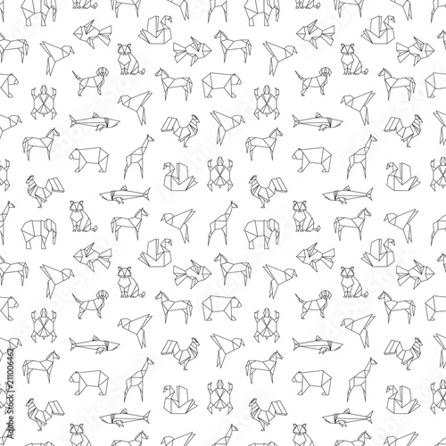 Line animals, bird and fishes seamless pattern