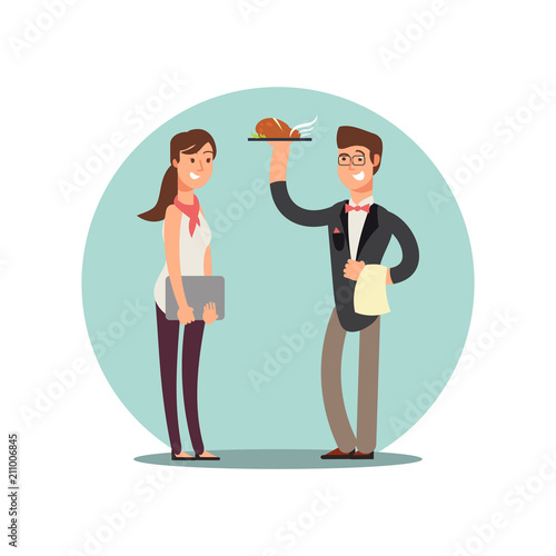 Smiling restaurant staff in kitchen uniform vector cartoon characters