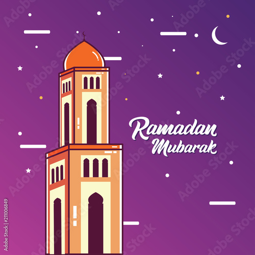 Ramadan Mubarak Greeting Card design with tower mosque vector Illustration. Ramadan Mubarak Greeting Card Background. Tower Mosque Flat Illustration. Ramadan Kareem. Flat Illustration.