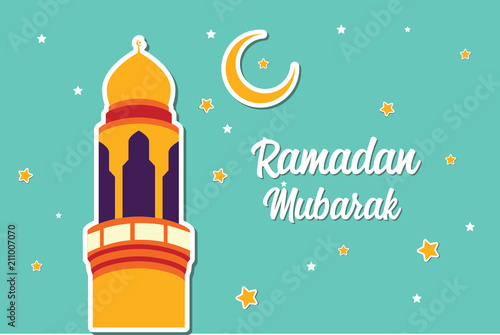 Ramadan Mubarak Greeting Card design with tower mosque, half moon, and star vector Illustration. Ramadan Mubarak Greeting Card Background. Tower Mosque Vector Illustration. Flat illustration.