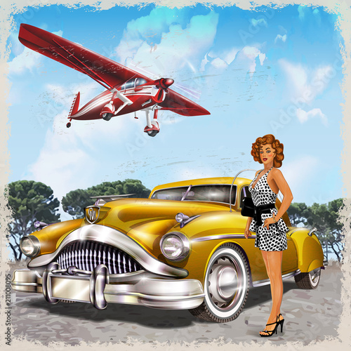 Vintage background with biplane, pin-up girl and retro car.