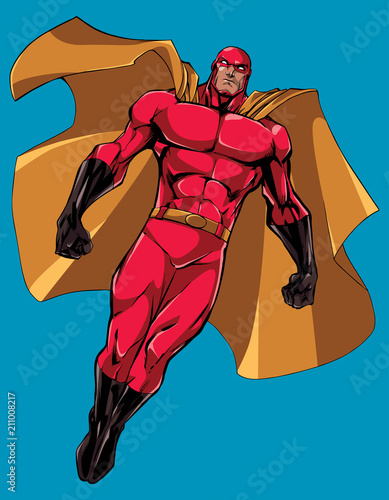 Superhero Flying Isolated / Full length illustration of powerful superhero looking down while soaring in the sky.