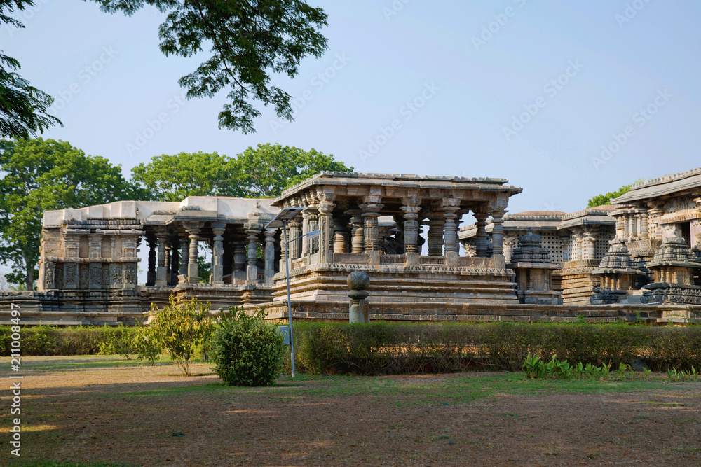 General view of Hoysaleshvara Temple, Halebid, Karnataka. View from North East. Large Nandi mandapas are clearly seen.