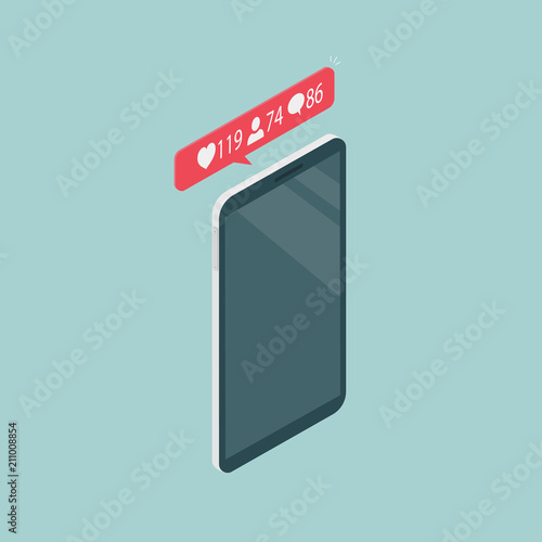 Phone in isometric view. Many likes, comments and followers