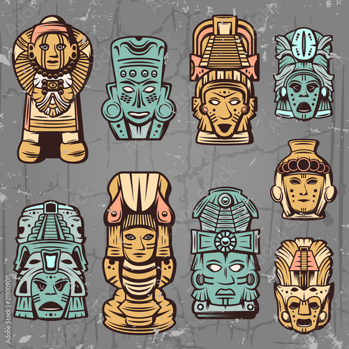 Vintage Colored Aztec Masks Set