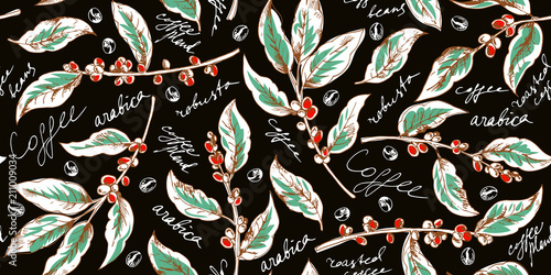 Botanical seamless pattern with coffee branches and beans
