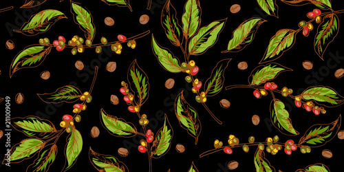 Botanical seamless pattern with coffee branches and beans
