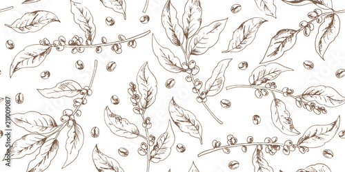 Botanical seamless pattern with coffee branches and beans
