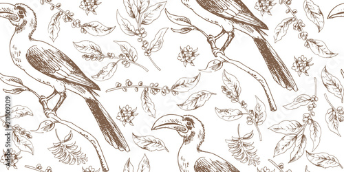 Seamless tropical pattern with african bird and botany
