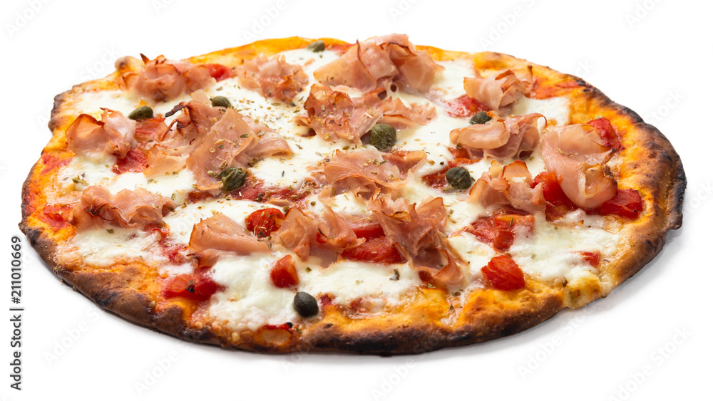 Pizza with prosciutto cotto ham, mozzarella, tomato sauce, capers and oregano 