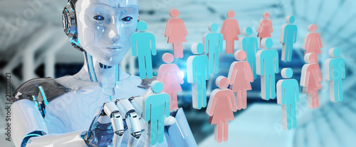 White cyborg controlling group of people 3D rendering photo