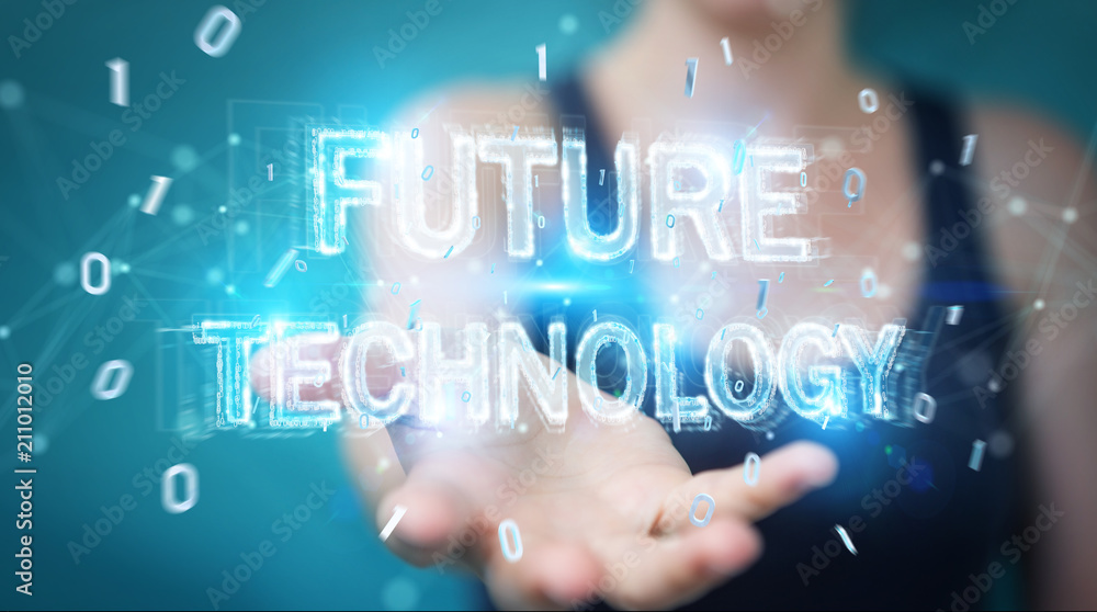 Businesswoman using future technology text interface 3D rendering Businesswoman using future technology text interface 3D rendering