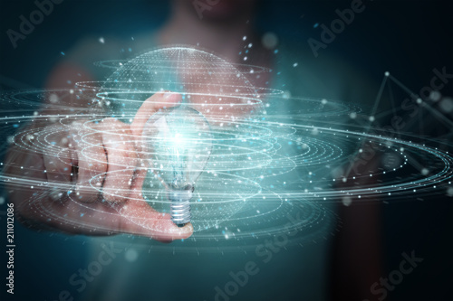 Businesswoman holding a lighbulb with connections in her hand 3D rendering