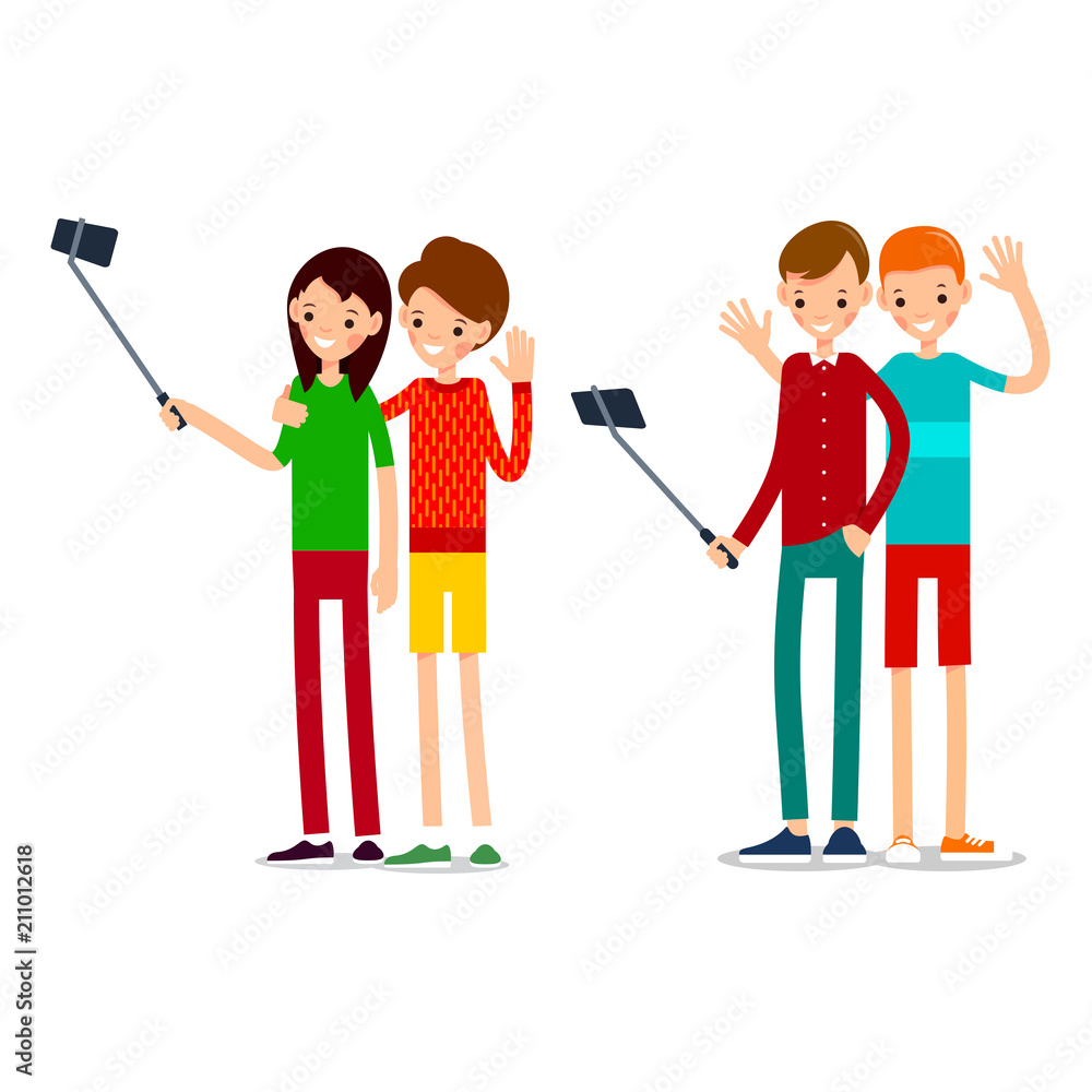 Man and woman do selfie. Friends do joint self-portrait photograph. Happy smiling young man and women taking selfie photo. Illustration in flat style. Isolated Man and woman do selfie. Friends do joint self-portrait photograph. Happy smiling young man and women taking selfie photo. Illustration in flat style. Isolated