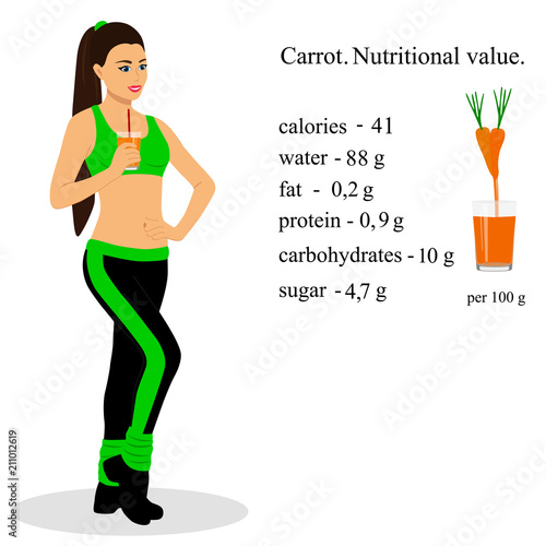 Girl with juice. Carrot. Nutritional value. Healthy Lifestyle.