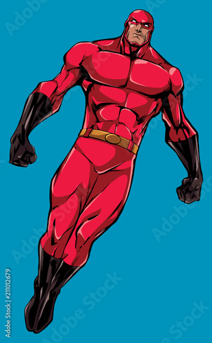 Superhero Flying Isolated No Cape / Full length illustration of powerful superhero looking down while soaring in the sky.