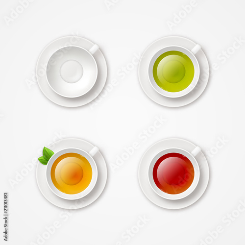 Cup of fresh tea top view realistic vector icon set. Black, green and natural herbal tea illustration collection with empty teacup template.