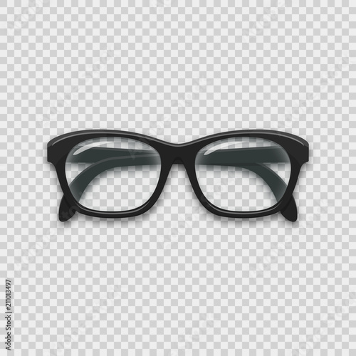Classic black glasses on checkered background vector illustration. Realistic shiny transparent glasses design element.