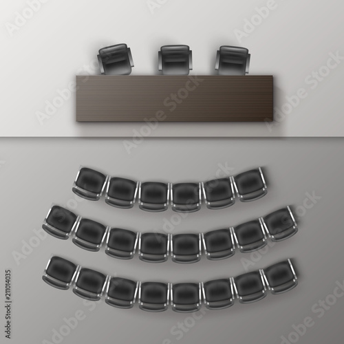 Vector Audience Auditorium Empty College Lecture Hall in University with Black Office Chairs and Brown Wooden Table Top View