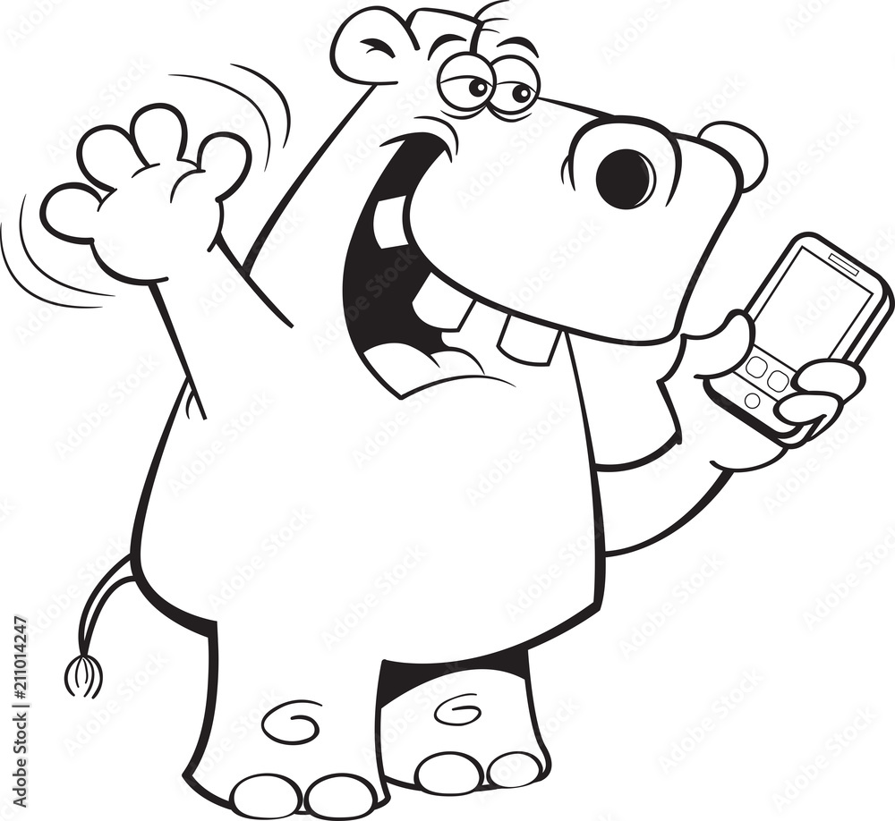 Black and white illustration of a rhinoceros holding a cell phone. Black and white illustration of a rhinoceros holding a cell phone.