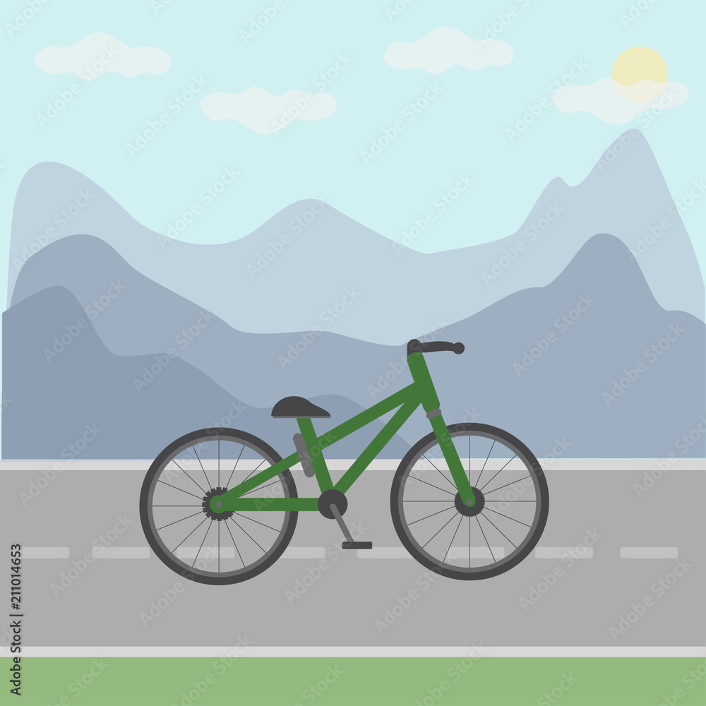 Bike on road with mountain background. Vector illusrtation.