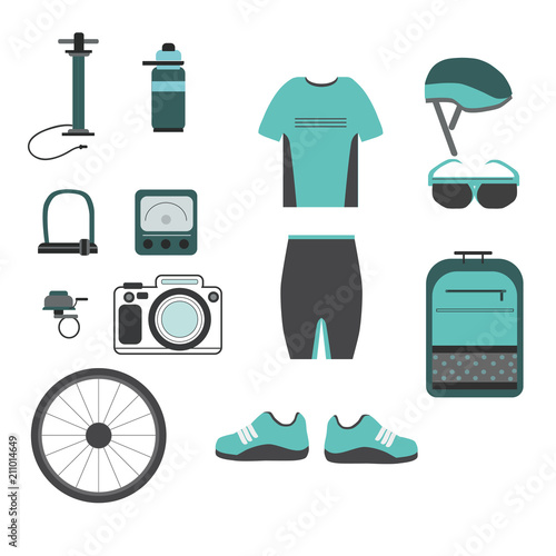 Cycling accessories. Set of colored icons with biker uniform elements, pump, wheel, bicycle bell. Isolated vector illustration.