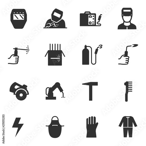 Welding, monochrome icons set. Tools and work with welding equipment simple symbols collection