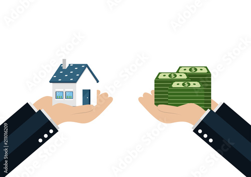 House is Money. Hand holding exchanging House with money. Vector illustration
