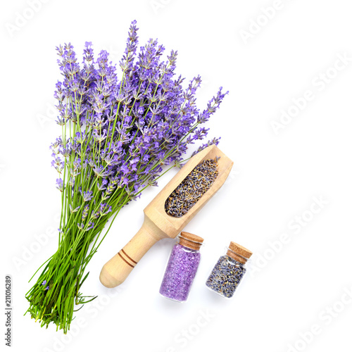 Natural cosmetics with flowers of lavender on white background