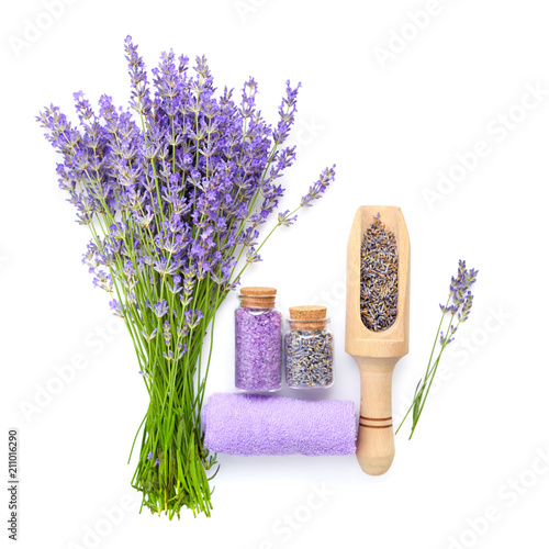 Natural cosmetics with flowers of lavender on white background
