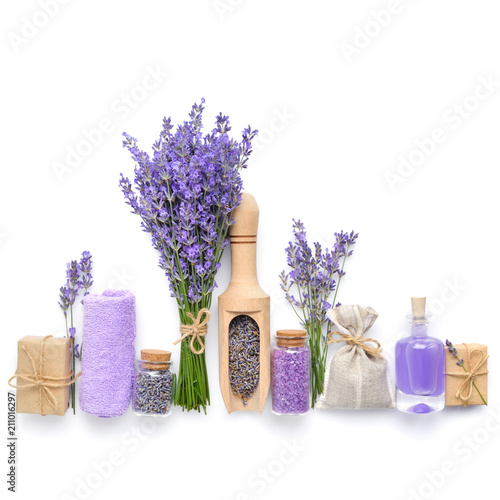 Natural cosmetics with flowers of lavender on white background