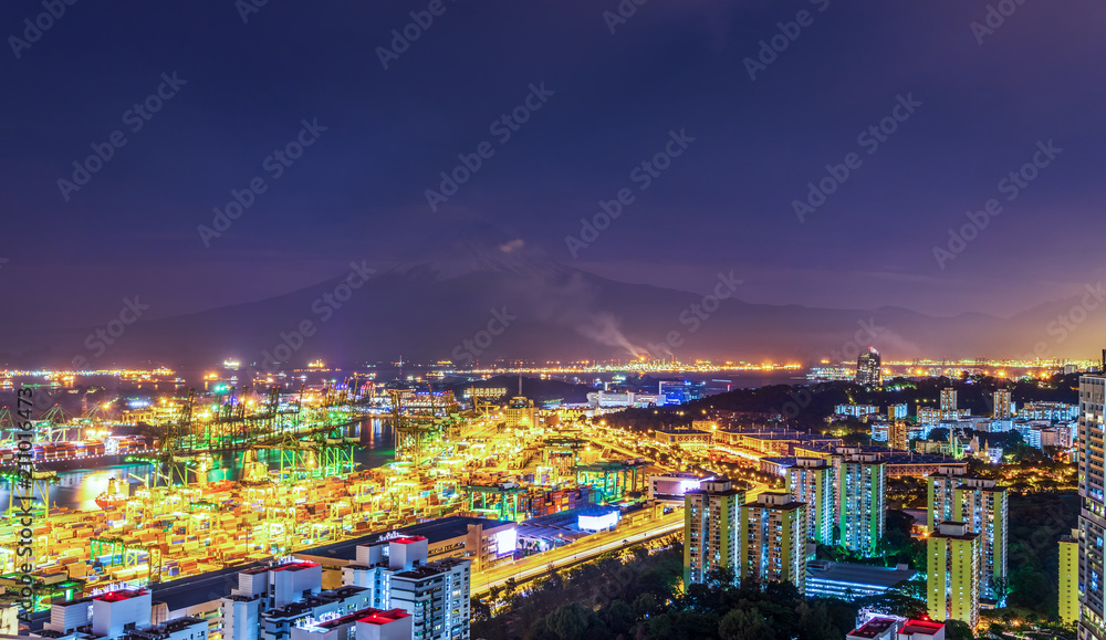 night cityscape view with logistic pier and mountain fuji background