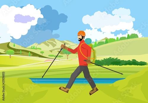 Traveler Man Hiking In Countryside Landscape With Backpack Over Nature Landscape Flat Vector Illustration