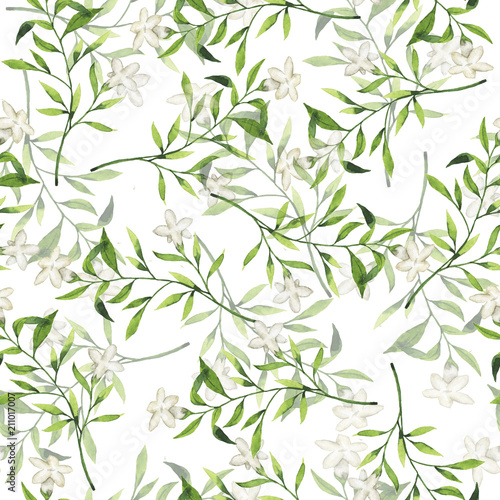 Seamless pattern with white flowers and green leaves on white background. Hand drawn watercolor illustration. 