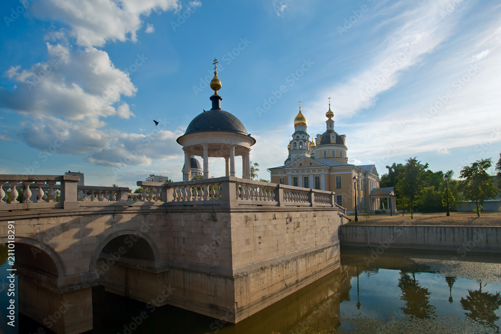 Park with  pond,  bridge, arbor near Old Belief churches in Rogozhsky settlement. Moscow