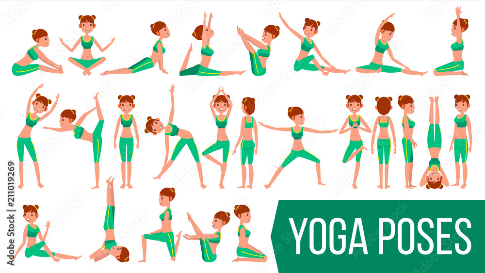 Yoga Woman Poses Set Vector. Relaxation And Meditation. Stretching And Twisting. Practicing. Body In Different Poses. Cartoon Character Illustration