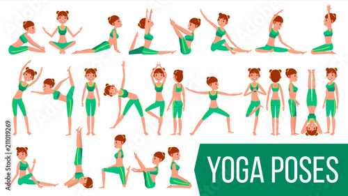 Yoga Woman Poses Set Vector. Relaxation And Meditation. Stretching And Twisting. Practicing. Body In Different Poses. Cartoon Character Illustration