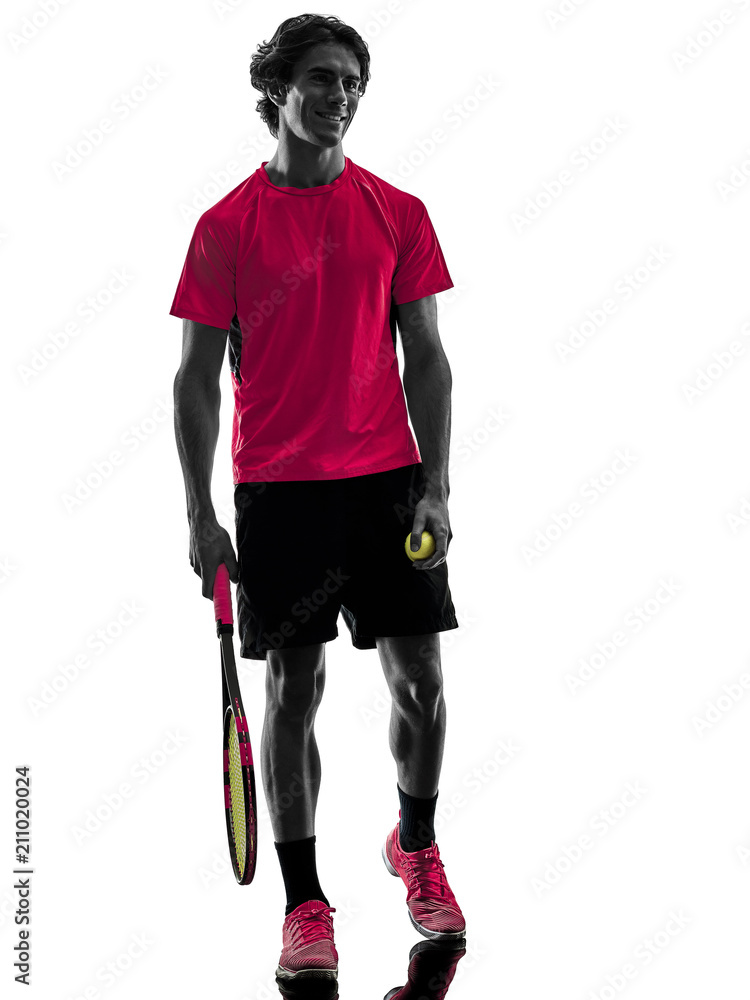 one caucasian hispanic tennis player man in studio silhouette isolated on white background one caucasian hispanic tennis player man in studio silhouette isolated on white background